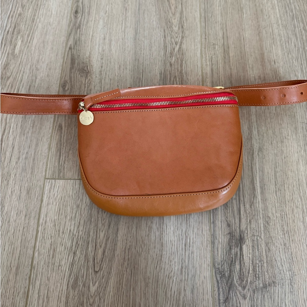 Brand New Clare V Tan Leather Fanny with Red Zipper